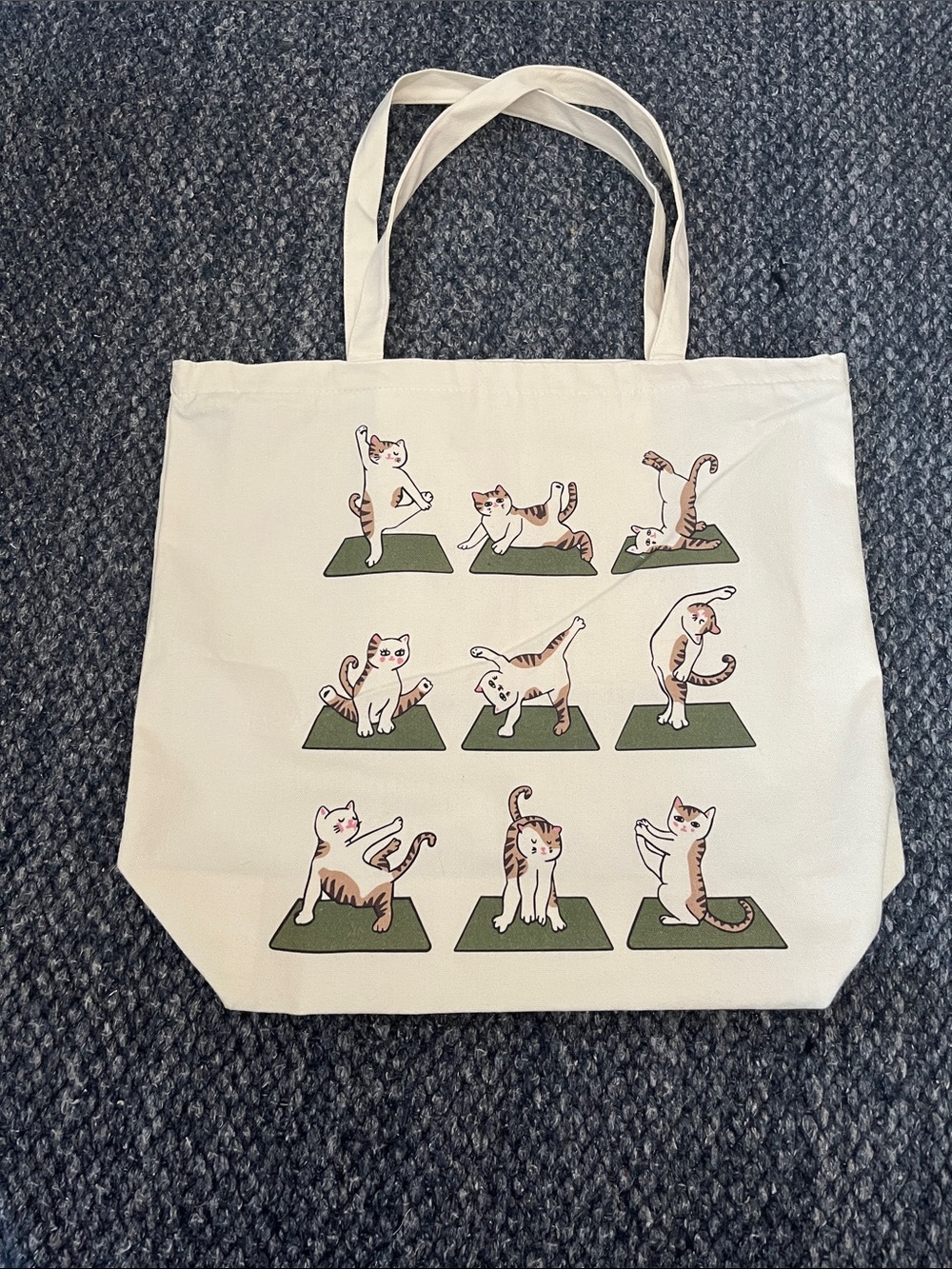 Cat Yoga Canvas Tote Bag in Cream with Green Mats, 16” x 17.5”